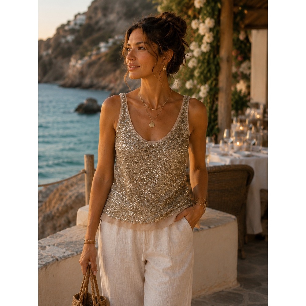 Wren 100% Silk Sequin‎ Embroidered Tank Top Champagne XS Made USA